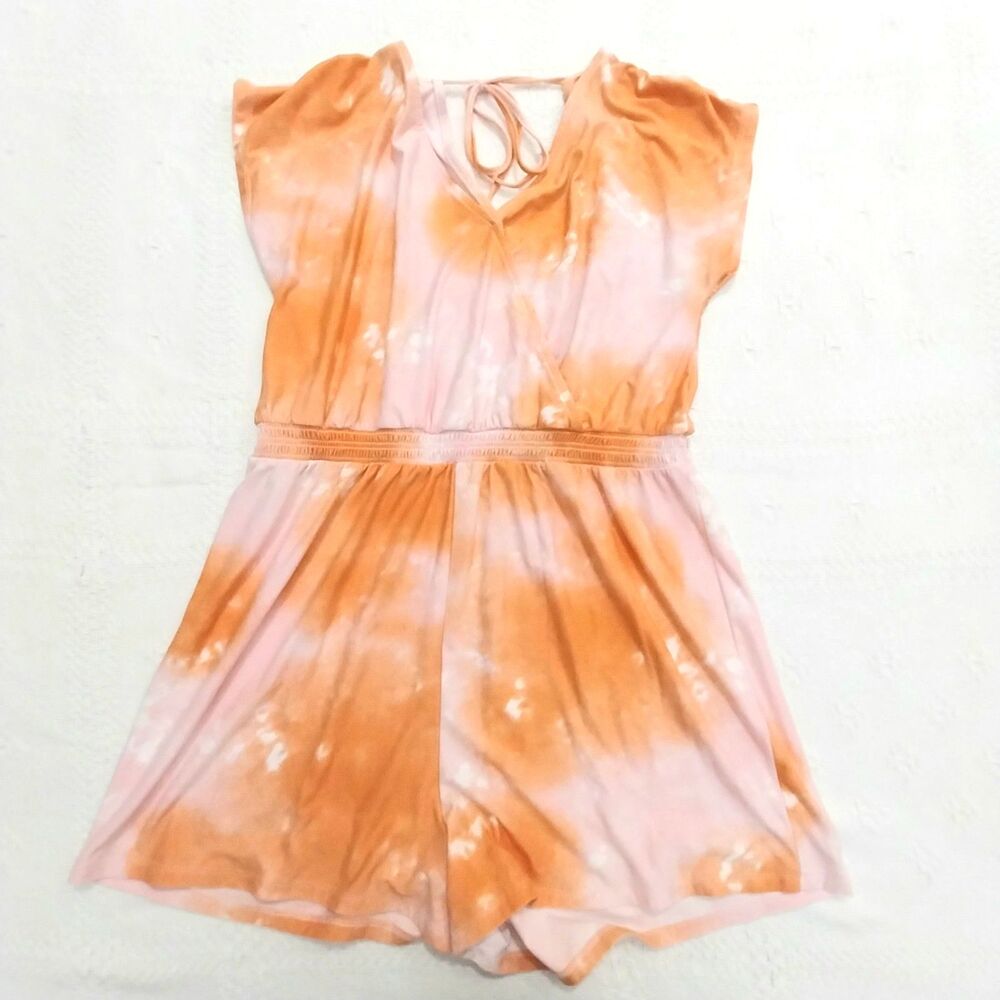 So Tie-Dye Romper Orange and Pink Size Large Short Cap Sleeve Elastic Waist #E9
